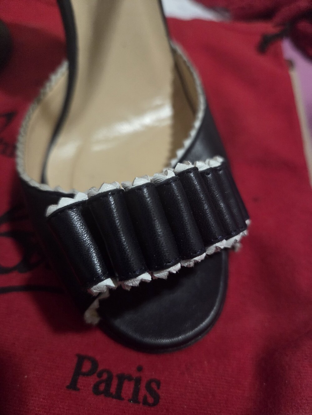 Christian Louboutin Black and White Pleated Open-Toe Pump